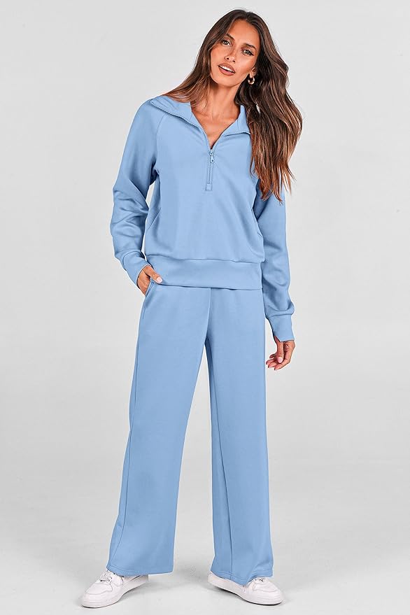 PRETTYGARDEN Women's 2 Piece Outfits Casual Lapel Half Zip Sweatshirts and Wide Leg Pants Tracksuit Sets