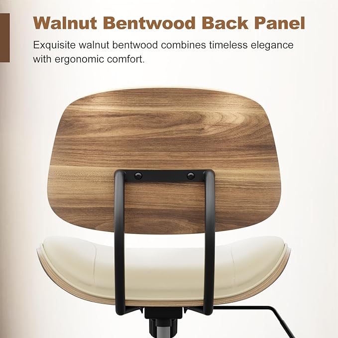 BERYTH Armless Office Chair with Wheels, PU Leather Adjustable Height Desk Chair - 360° Swivel Ergonomic Computer Chair for Small Space, Modern Walnut Style, Home & Meeting Room, Beige