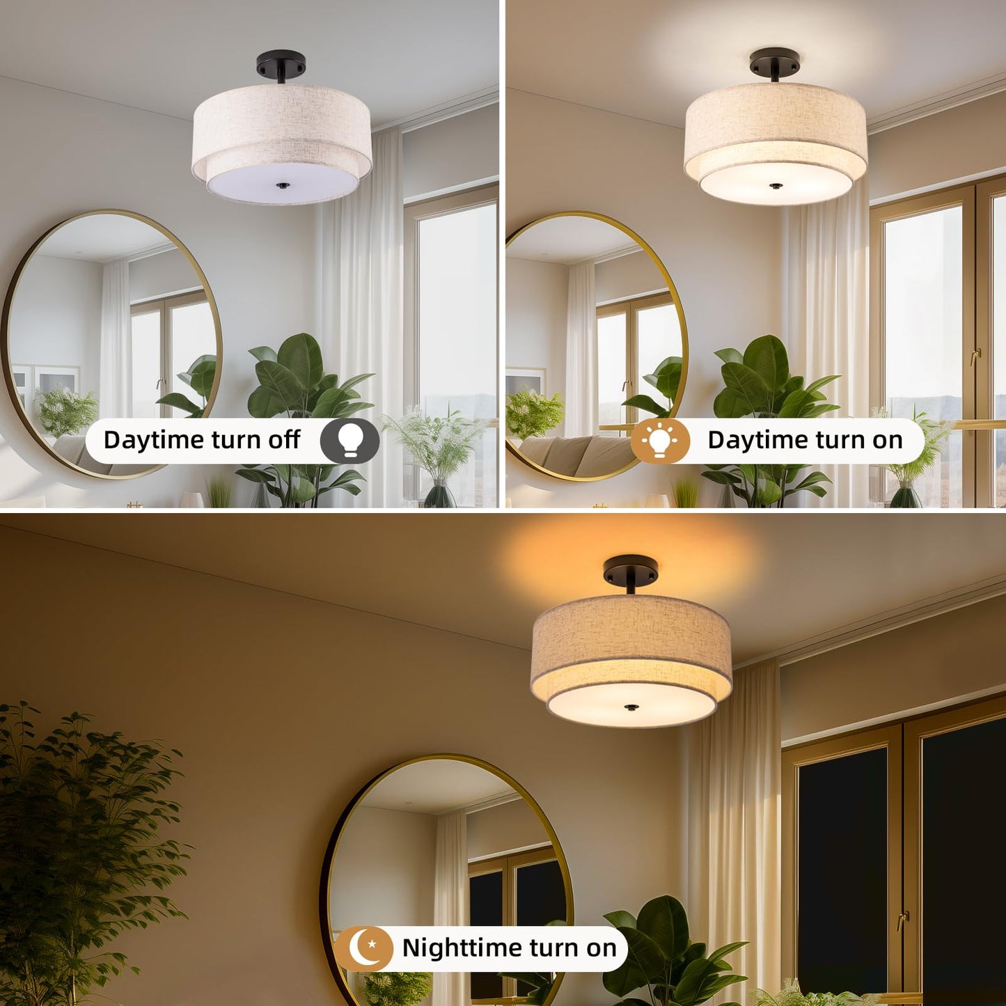 Aufrichting Drum Semi Flush Mount Ceiling Light, 16 inch 3 Lights Ceiling Light Fixture with 2-Layer Fabric Shade, Black Farmhouse Drum Ceiling Lighting for Bedroom Hallyway Dining Room Kitchen