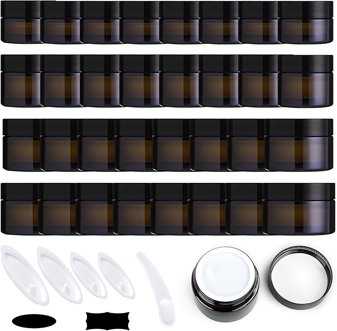192Pcs 5g 10g 15g 20g Amber Glass Jars Assorted Kit with Black Lids, Inner Liners, Spoons and blank labels for Storing Lip and Body Scrub, Bath Salts, Lotion, Body Butter