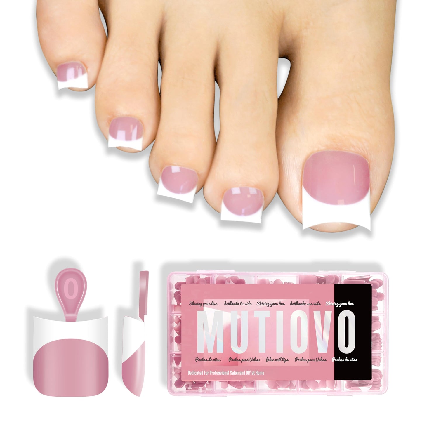 Short Toe Nail Tips White French Tip BERRY PINK Press on with Moon Curve,Soft Gel False Nail Kit,Thick Sharp Square Toenail Exte