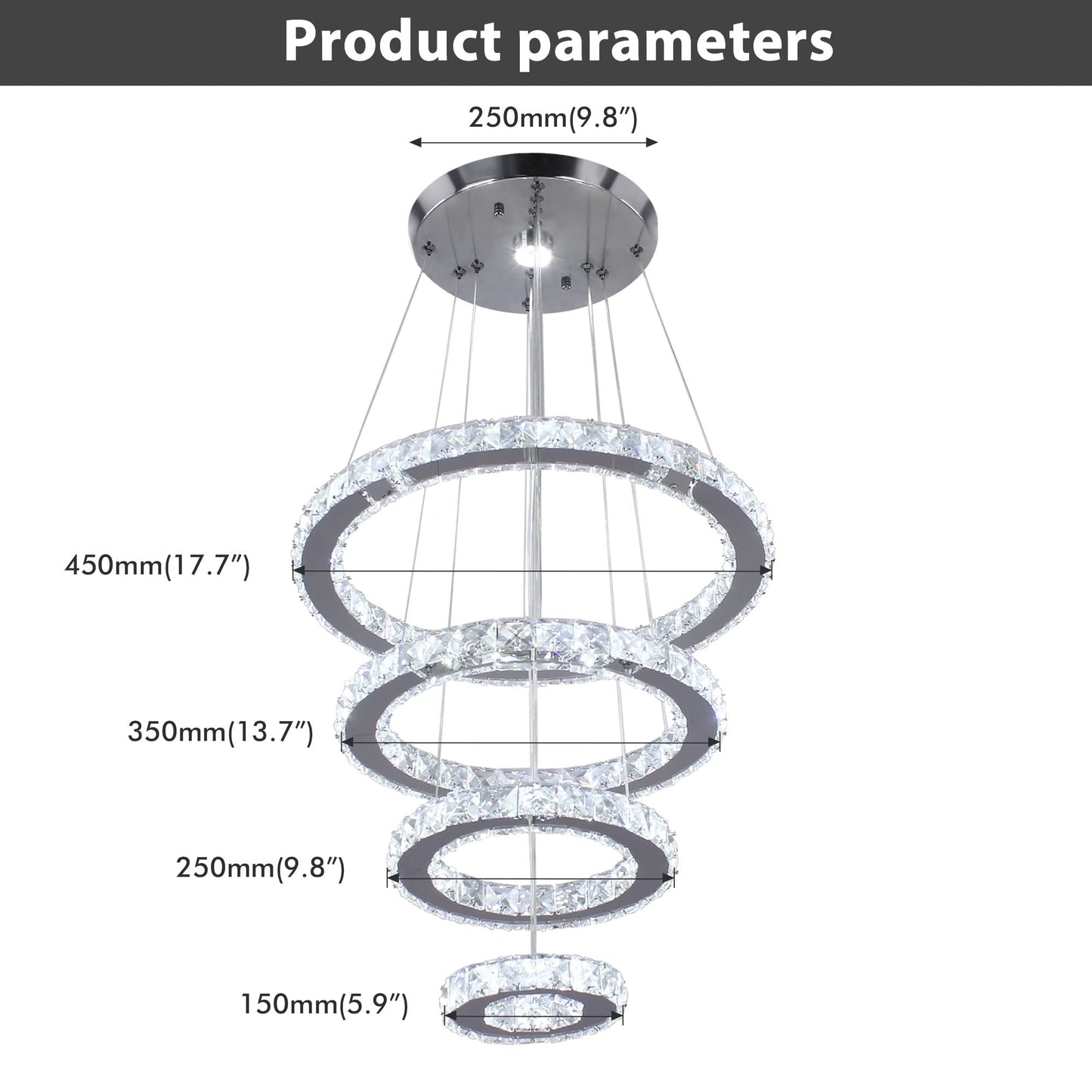 diisunbihuo Crystal Chandeliers Modern LED Rings Pendant Light Adjustable Stainless Steel Ceiling Light Fixture for Living Room Dining Room Bedroom (Cool White)