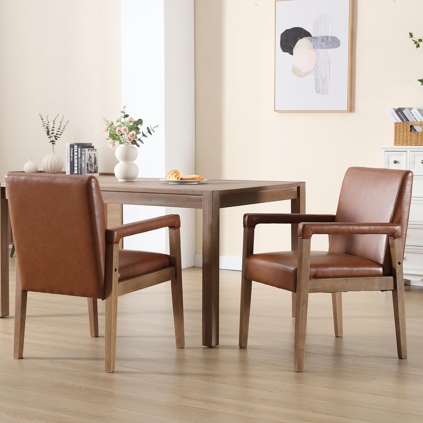 Kmax Modern Dining Chairs Set of 2 Faux Leather Kitchen Arm Chairs Upholstered Accent Chairs with Wooden Legs for Dining Room, Living Room, Bedroom, Brown