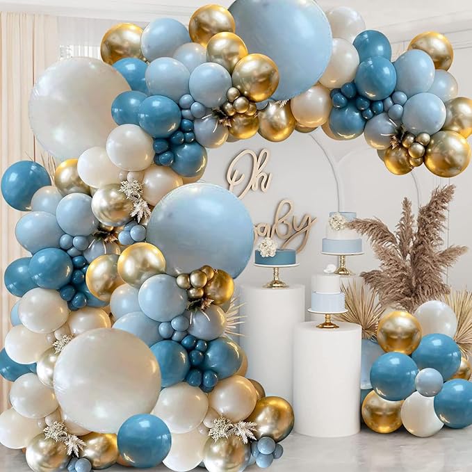 Dusty Blue Balloons Garland Kit, Fog Blue Royal Blue Pastel Blue Sand White Metallic Gold latex Balloons for Bridal Shower...