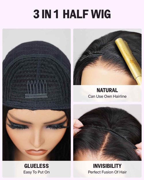 Megalook hair Yaki Straight Half Wig Human Hair Drawstring Ponytail Wig 3 In 1 Beginner Friendly No Lace Flip Over Half Wig Headband Wig Human Hair 200% Density Glueless Wigs for Women 20 Inch