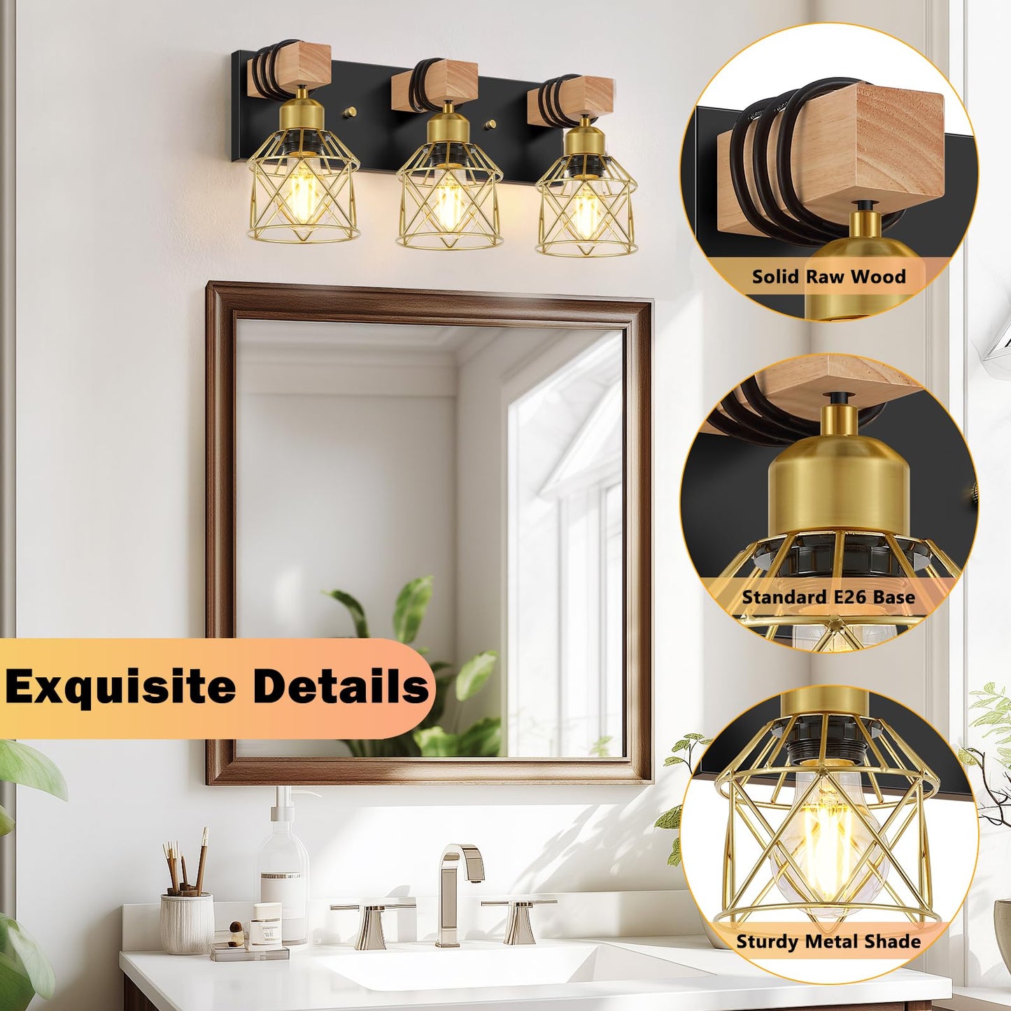 FadimiKoo Black and Gold Vanity Light, 3-Light Farmhouse Vanity Light, Bathroom Light Fixtures Over Mirror, Industrial Indoor Wall Mounted lamp for Bathroom, Living Room, Cabinet, Bedroom