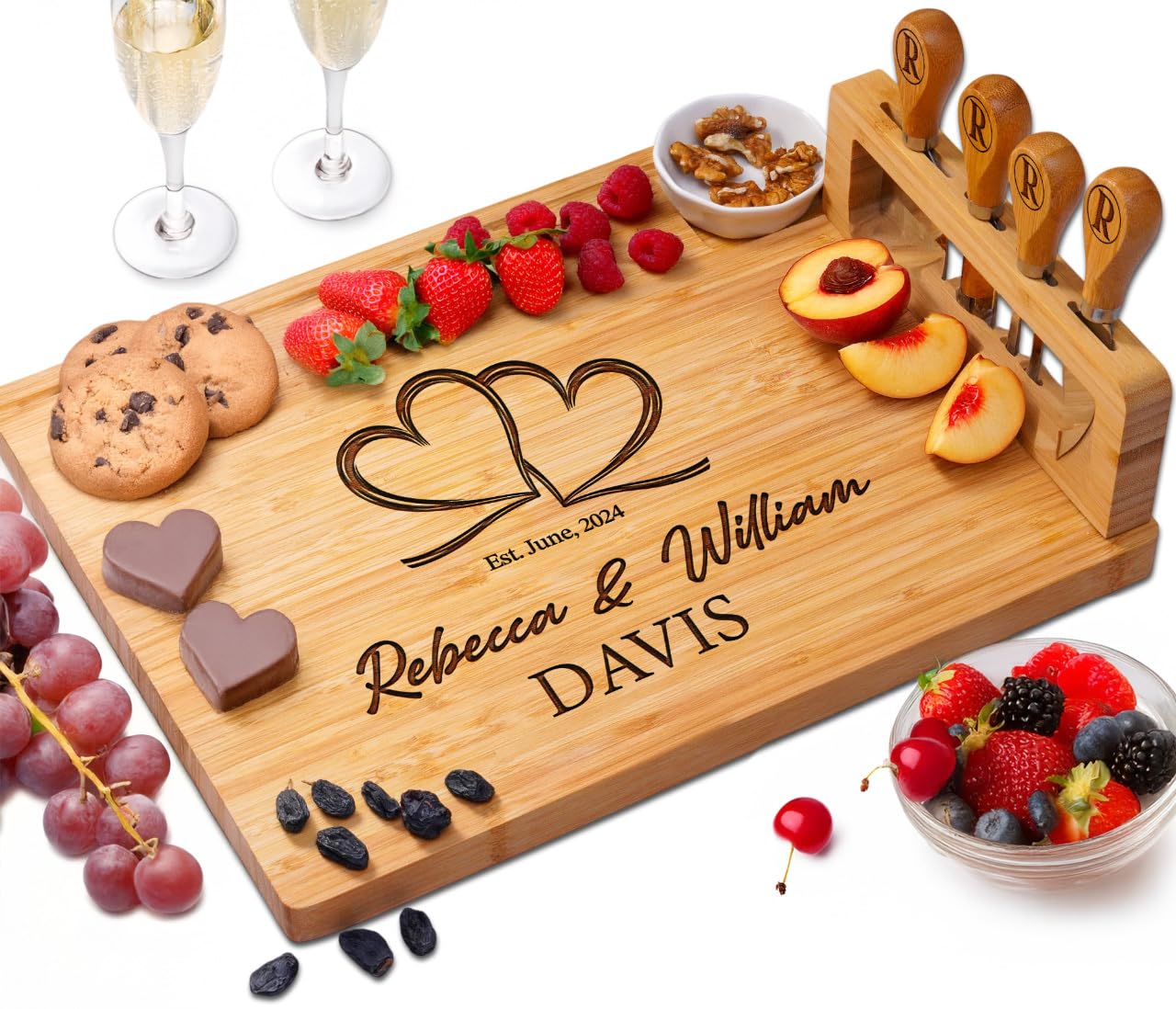 Personalized Charcuterie Board Gifts for Couples – Custom Large Cheese Board with Knife & Utensil Set for Wedding, Anniversary, Birthday, Housewarming, Engagement, Party, New Home, Christmas