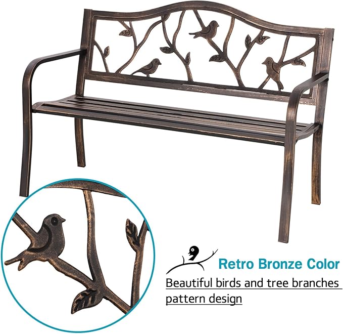 MFSTUDIO Outdoor Metal Bench Set of 2, 50" Outdoor Garden Bench, Patio Metal Frame Park Bench with Bird Pattern Backrest for Porch, Lawn, Deck, Bronze
