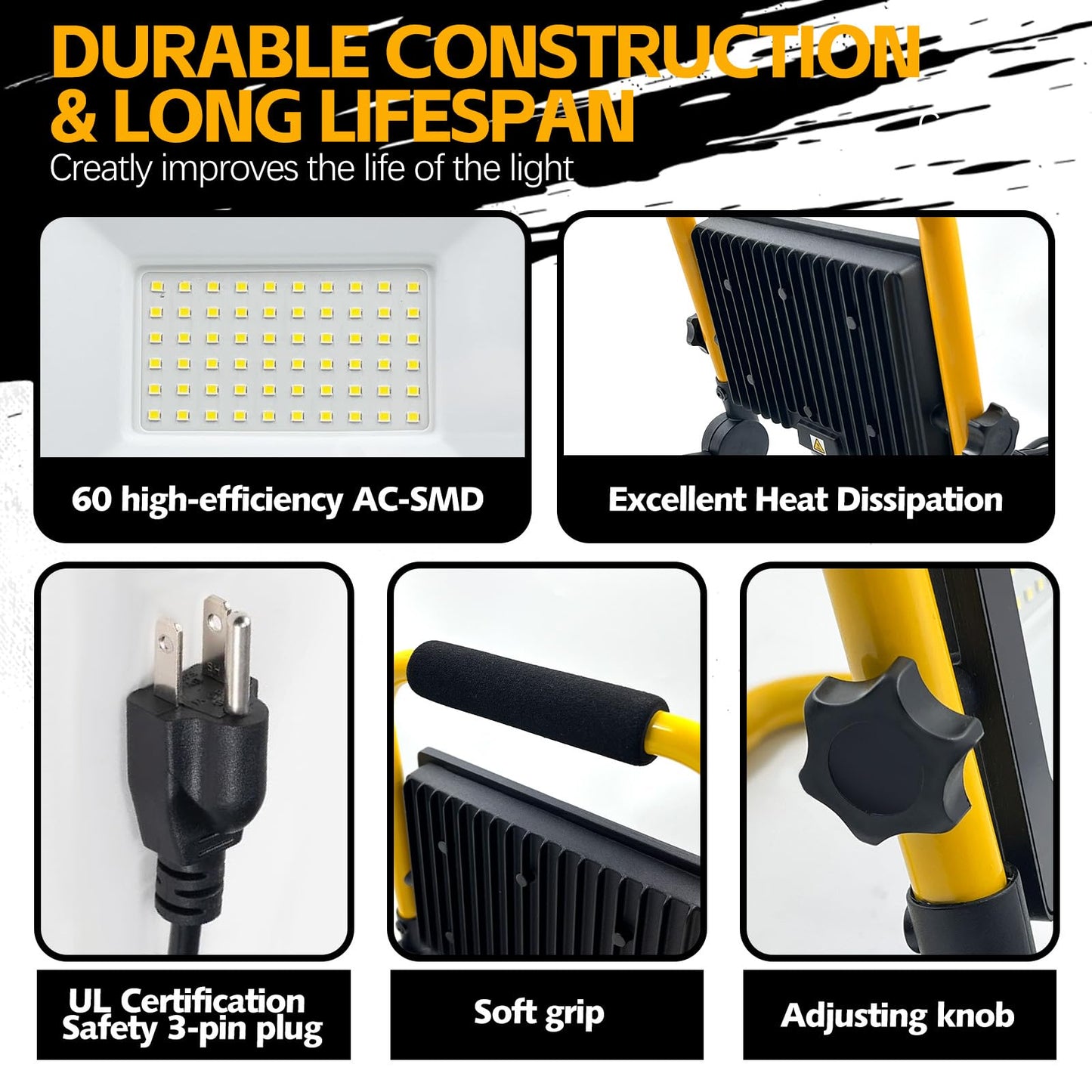 7000 Lumen Work Lights with Stand, 1 Adjustable Head LED Work Light, with Adjustable and Foldable Tripod Stand, Waterproof Lamp with Individual Switch with 6500 Kelvin Color Temperature (1-Head)