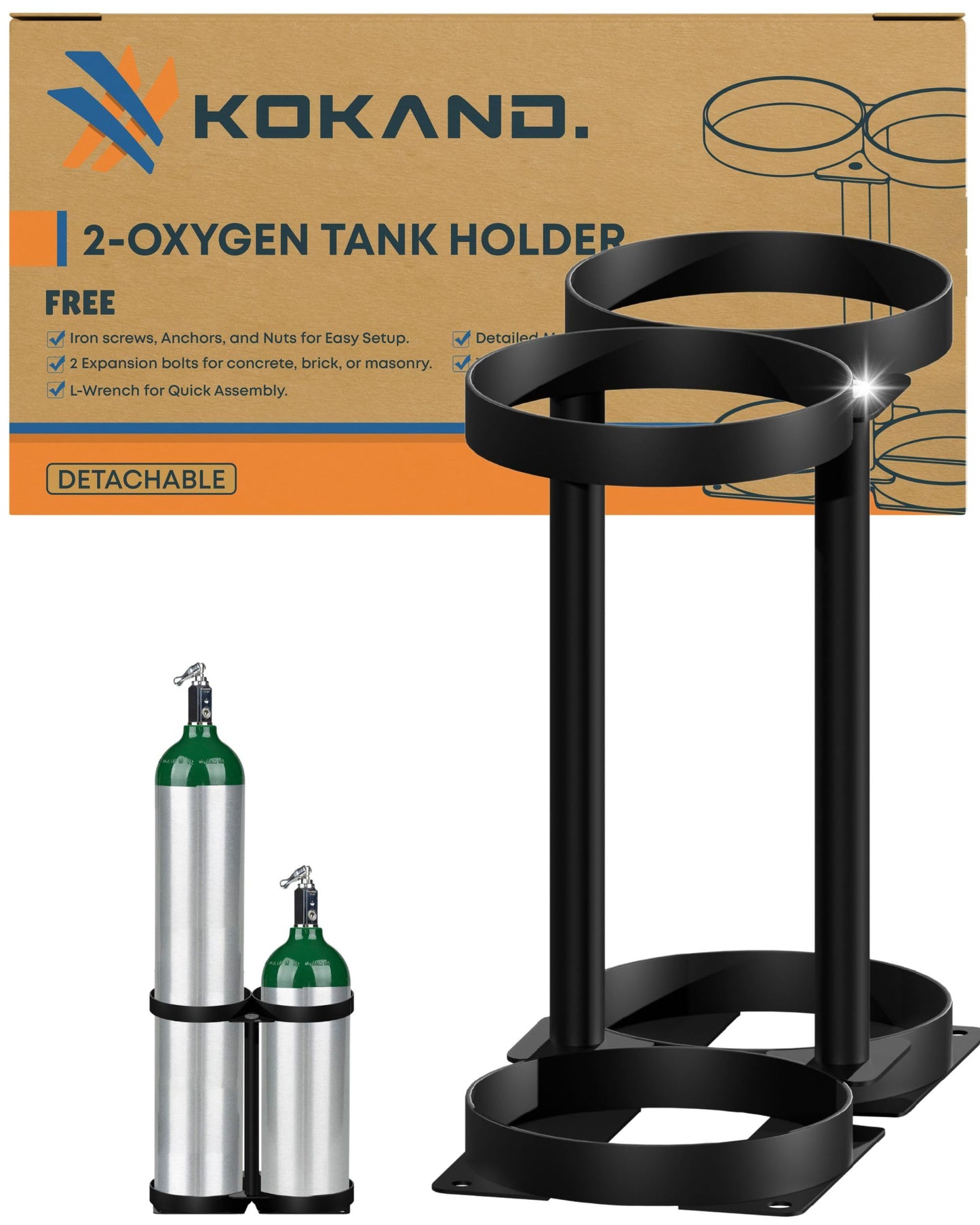 Premium Detachable Oxygen Tank Holder (2) for E, D, M9/C Size Cylinders - Heavy Duty Metal Storage Rack - Portable Oxygen Tank Carrier for Travel & Vehicle Use (Black) (4.5" Wide Slots)