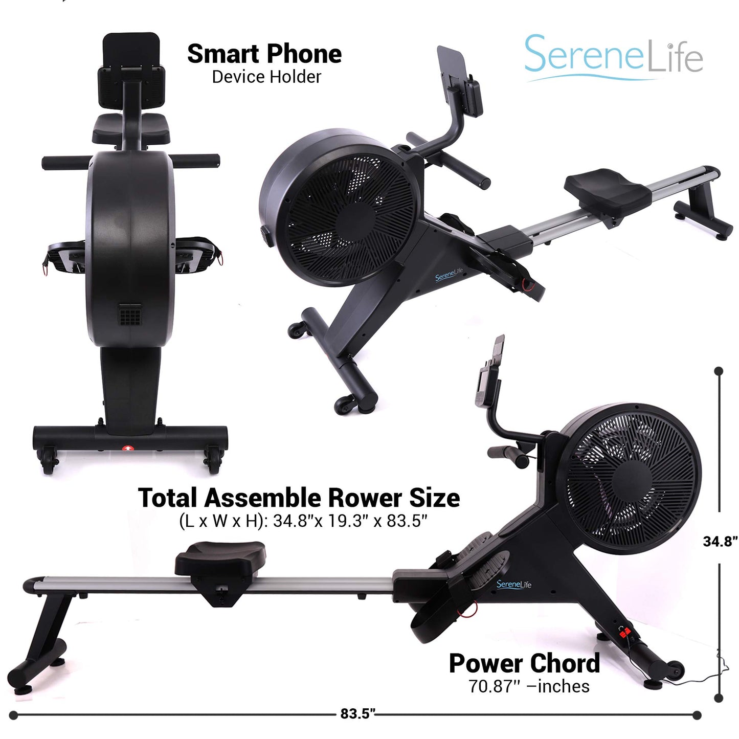 SereneLife Exercise Folding Rowing Machines Magnetic - 16Level Magnetic & Air Resistance Rowing Machine, Foldable Travel Portable Rower Fitness Machine with Bluetooth, LCD, App Compatible