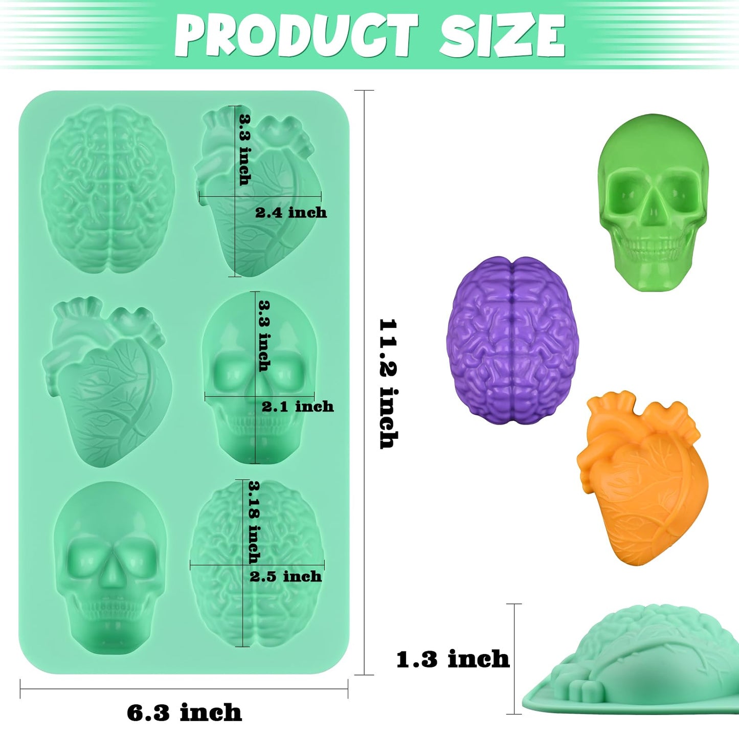 Actvty Skull Heart and Brain Silicone Molds, 3D Human Organ Soap Molds, 2 Pcs Halloween Baking Mold for DIY Cake, Chocolate, Jello, Ice Cube, Soap, Resin, Candle, Halloween Decoration