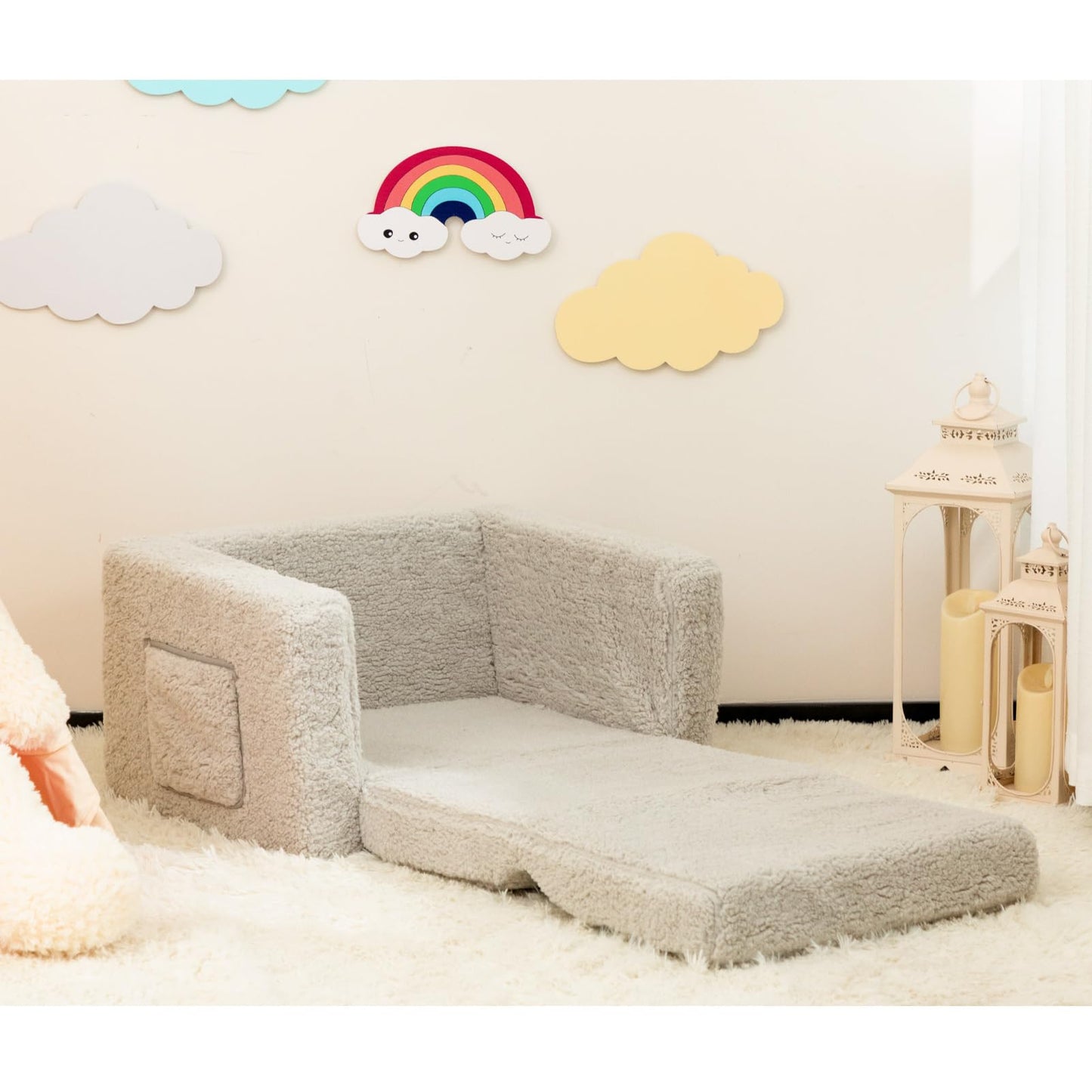 ALIMORDEN Kids Couch, 2-in-1 Fold Out Toddler Chair & Snuggly Foam Lounger Seat, Removable Washable Cover - Soft Reading Couch, Ideal Gift for for Boys and Girls, Light Grey