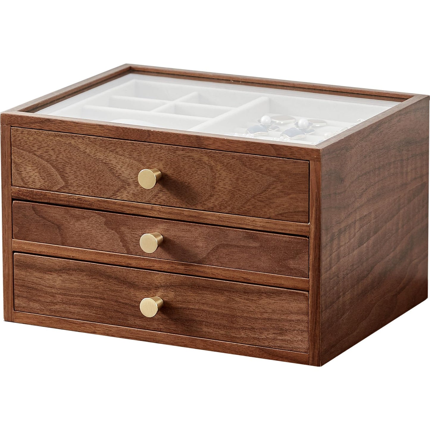 Homruilink Black Walnut Wooden Jewelry Box Women large 3 Layer Drawer Organizer Box with Glass Lid for Necklaces, Watch, Necklace, Ring, Earring Storage, Ideal Gift