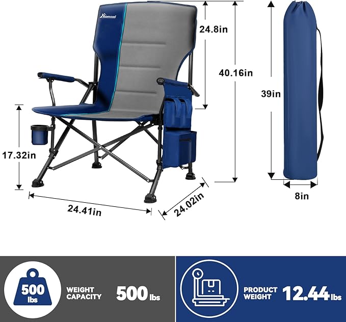 Romswi Heated Oversized Camping Chairs 2 Pack with Hard Armrest Chair,Heavy Duty Supports 500LBS,Folding Chairs with Side Pockets,Cup Holder for Outdoor,Garden,Fishing (Powerbank Not Included)