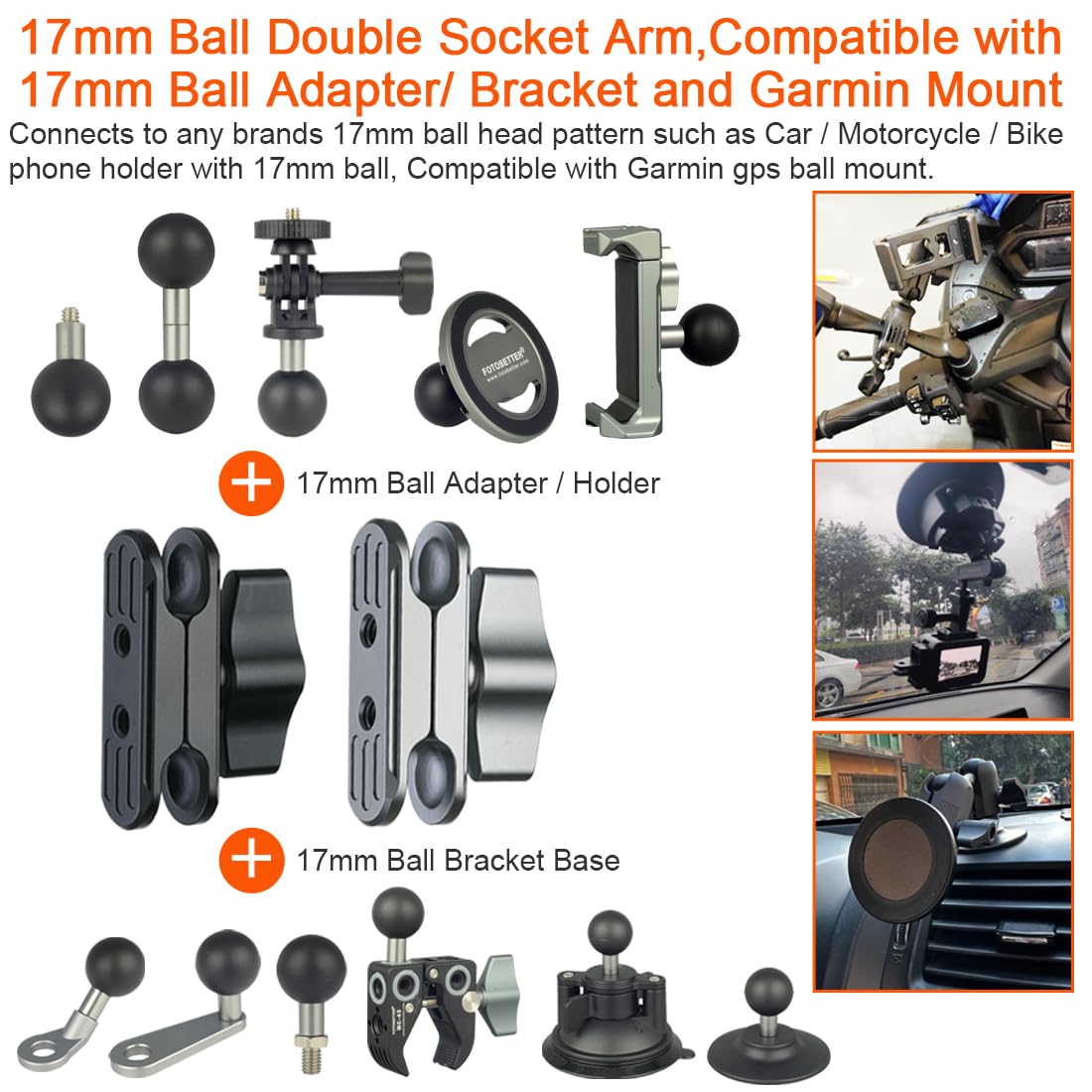 Dekeenstar Double Socket Arm Connects To 17Mm Ball Head Adapter Mount Compatible With Garmin Gps Mount Ram Mounts Car Bike Motor