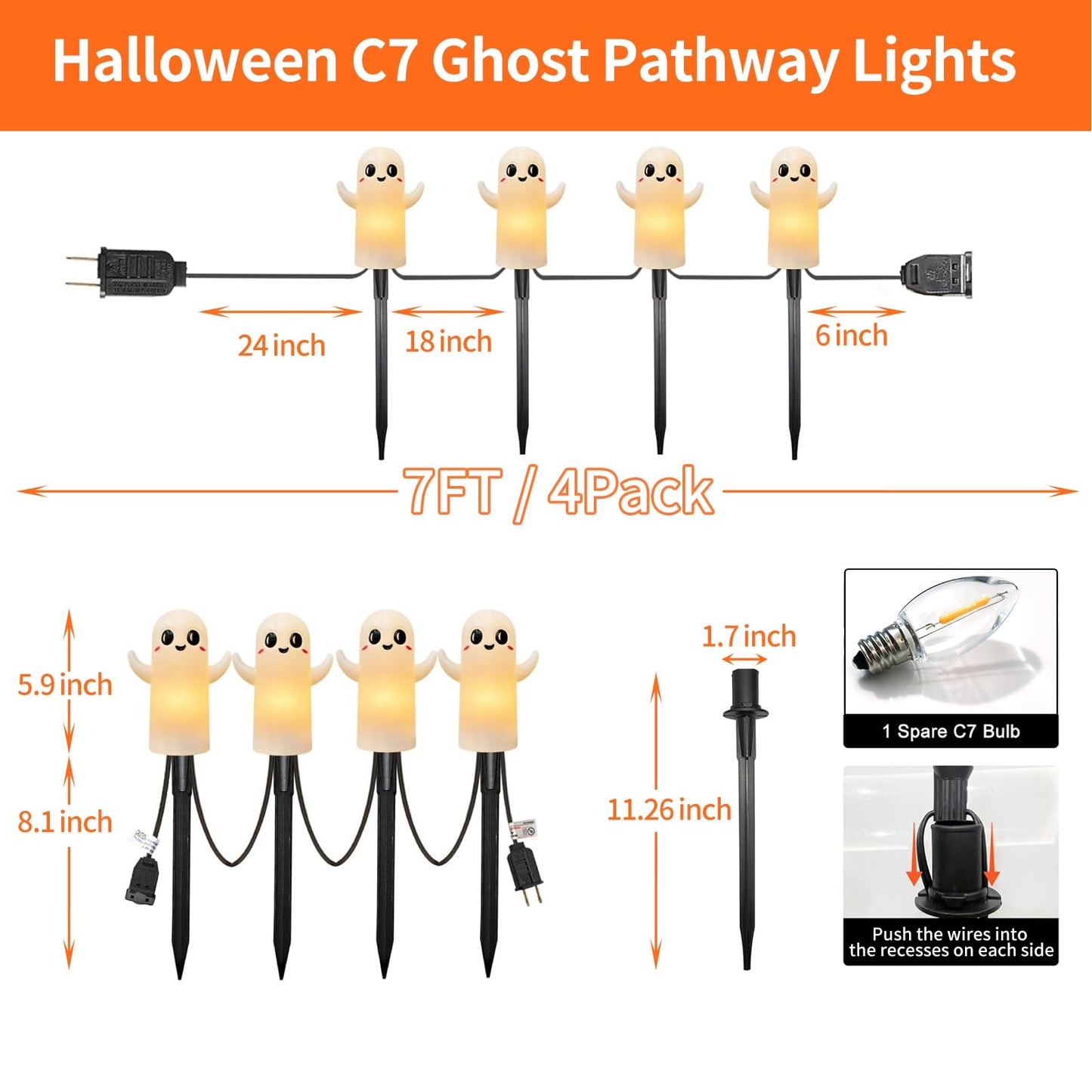CHYParty Halloween Ghost Pathway Lights Outdoor, C7 Pathway Lights, 7 FT White Ghost Lights Connectable Pathway Lights for Walkway Driveway Yard Garden Lawn Sidewalk Party Decorations