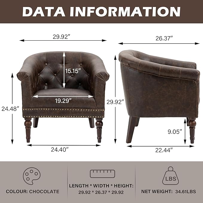 UIXE PU Leather Barrel Club Chairs Set of 4, Modern Arm Accnet Chair Comfy Upholstered Armchair, Nailhead Trim Living Room Single Sofa Reading Seat Bedroom Side Sitting for Office, Chocolate