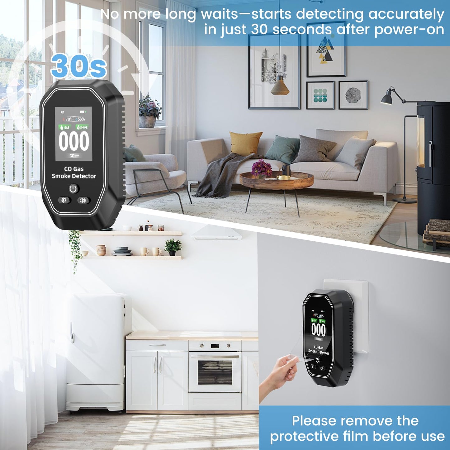 6-in-1 Portable Carbon Monoxide Detectors Plug in, MODOFO TOOL Smoke and Carbon Monoxide Detector with Built-in Battery, Natural Gas Leak Detector, HD Display for CO, Gas, Smoke, Temp, Humidity Black