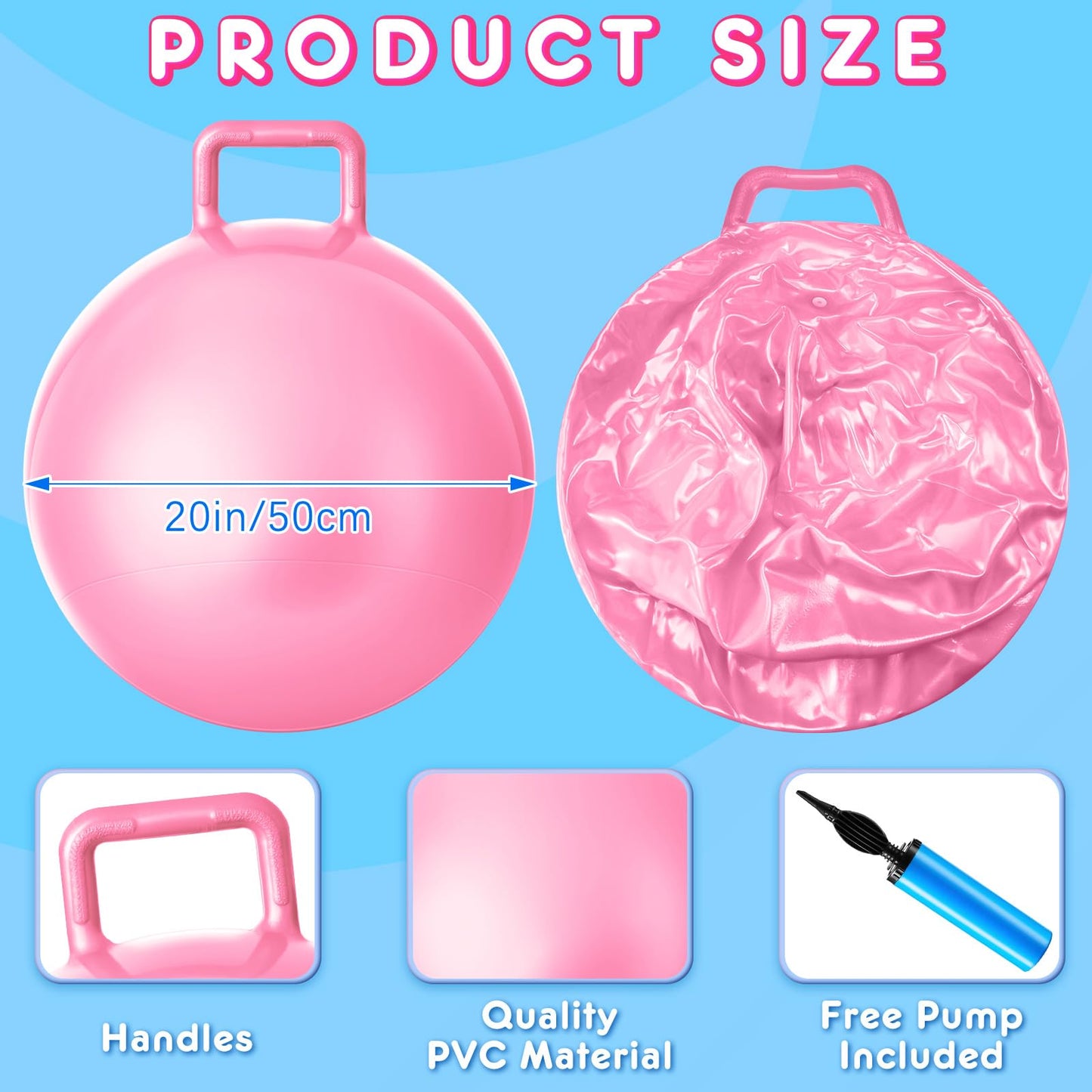 Lewtemi 6 Pcs Hopper Ball Carnival Outdoor Games 20 Inch Jumping Hopping Inflatable Bouncing Ball with Handle and Air Pump for Adults Sport Exercise (Light Colors)