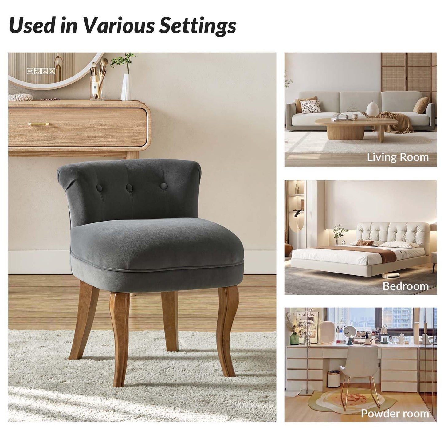HULALA HOME Velvet Vanity Stool with Low Back, Modern Vanity Chair with Solid Wood Legs, Small Upholstered Makeup Chair Home Decor for Bedroom Living Room Dressing Table, Women Girls, Grey