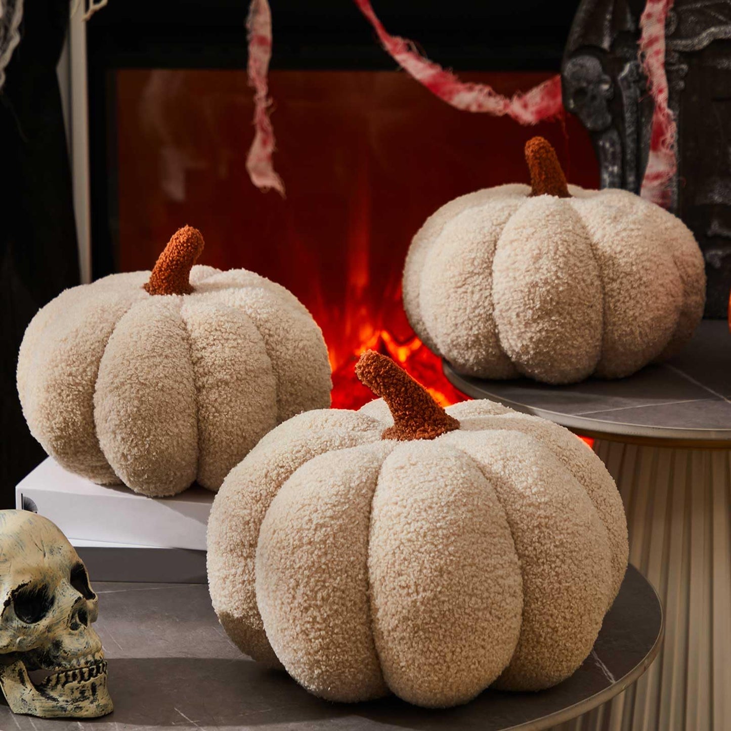 Juexica 3 Pcs Stuffed Pumpkin Pillow Fluffy Plush 3D Pumpkin Shaped Decoration Fall Thanksgiving Halloween Pillow Cushion Cute Soft Throw for Sofa Couch Supplies (Beige)