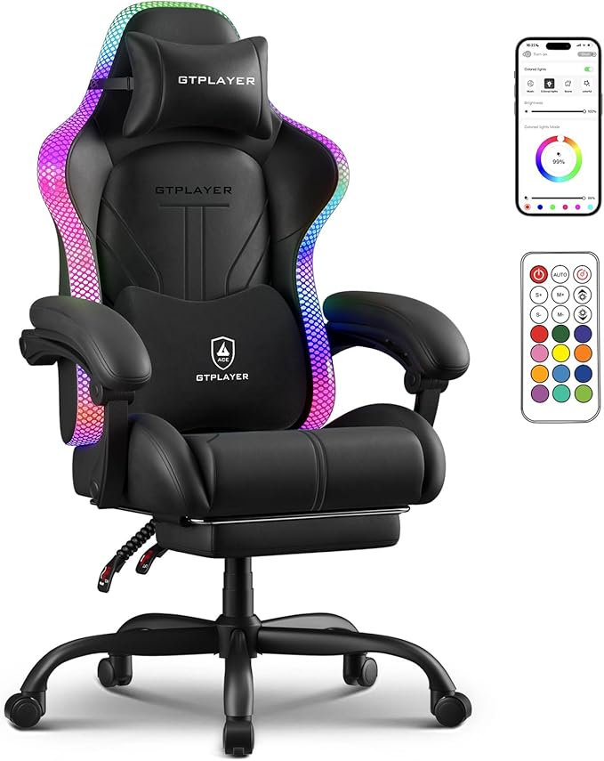 GTPLAYER Gaming Chair, Computer Chair with RGB LED Lights, High Back Ergonomic Chair for Adults with Footrest, Reclining O...