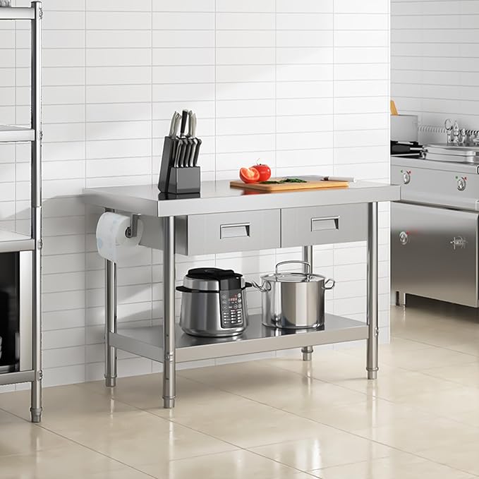 YITAHOME 48" × 24" Stainless Steel Table with 2 Drawers, NSF Work Table with Drawer, Metal Table Prep Table for Home Kitchen Restaurant Garage Warehouse