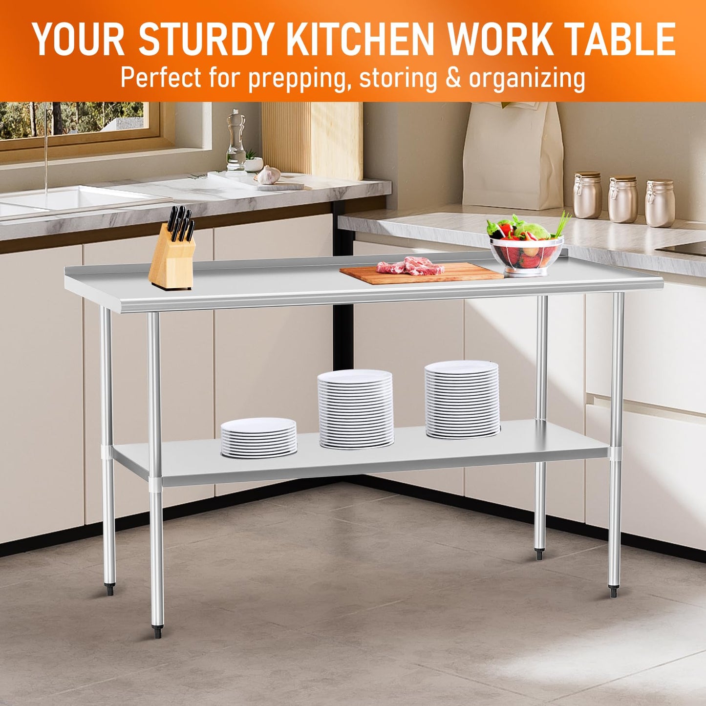 HOCCOT Stainless Steel Table 30" x 60" with Adjustable Undershelf and Backsplash, Commercial Metal Workstations for Kitchen, Garage, Outdoor BBQ