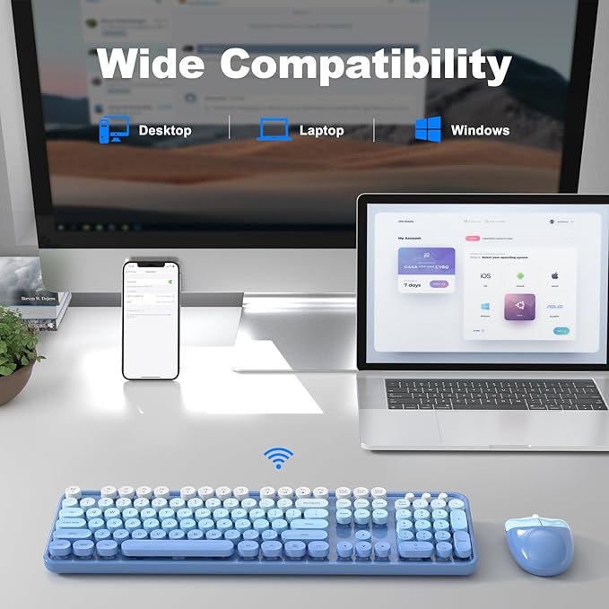 Wireless Keyboard Mouse Combo, Typewriter Full Size Keyboard with Number Pad and 2 in 1 USB Connected Mouse for Windows 7/8/10, Laptop, Desktop, PC, Computer (Blue)