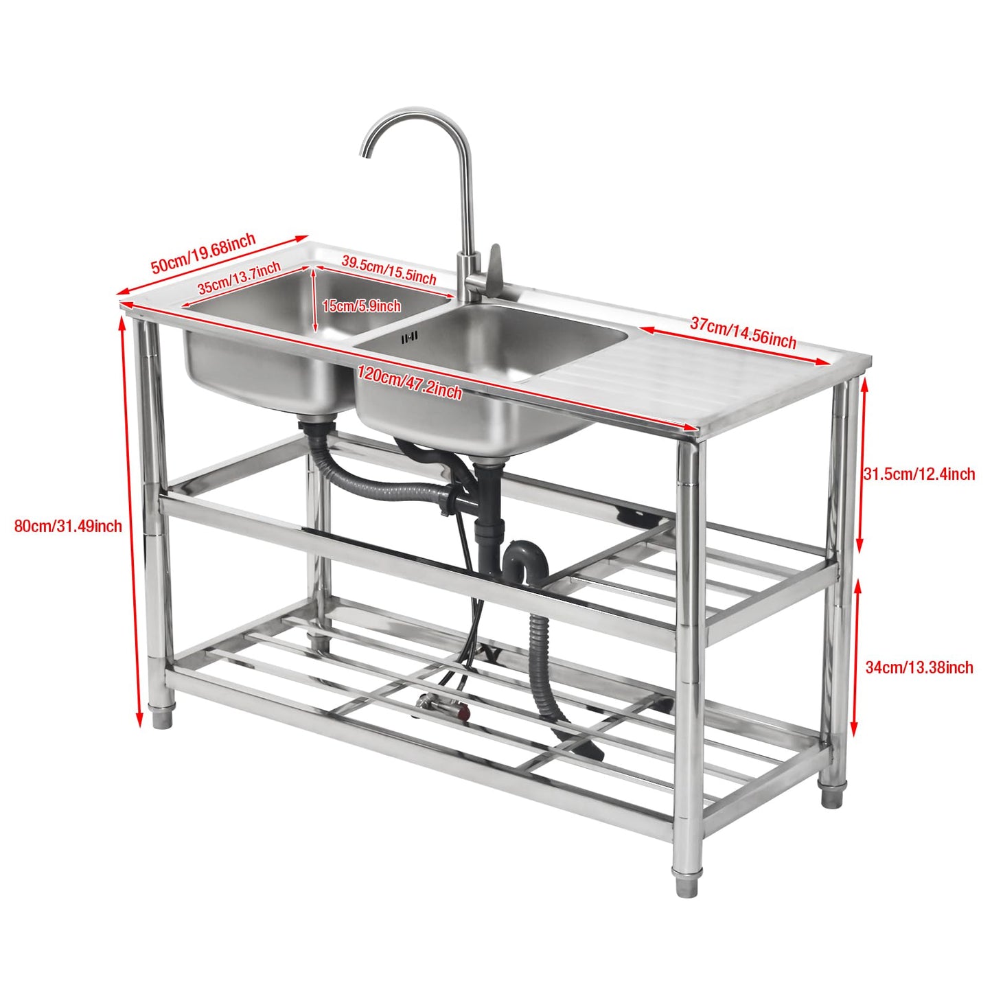 Stainless Steel Double Bowl Utility Sink, 47.2x19.68x31.49 Inch Commercial Kitchen Sink with Workbench, Heavy-Duty Freestanding Design for Restaurants, Laundry, Outdoor Use