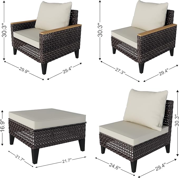 PCSXDSW 7 Pieces Patio Furniture Set, Outdoor Conversation Sets with Footstool, Wicker Rattan Sofa Couches Chairs Ottomans for Porch, Poolside, Deck, Balcony, Backyard, Yard, Garden (Beige Cushions)