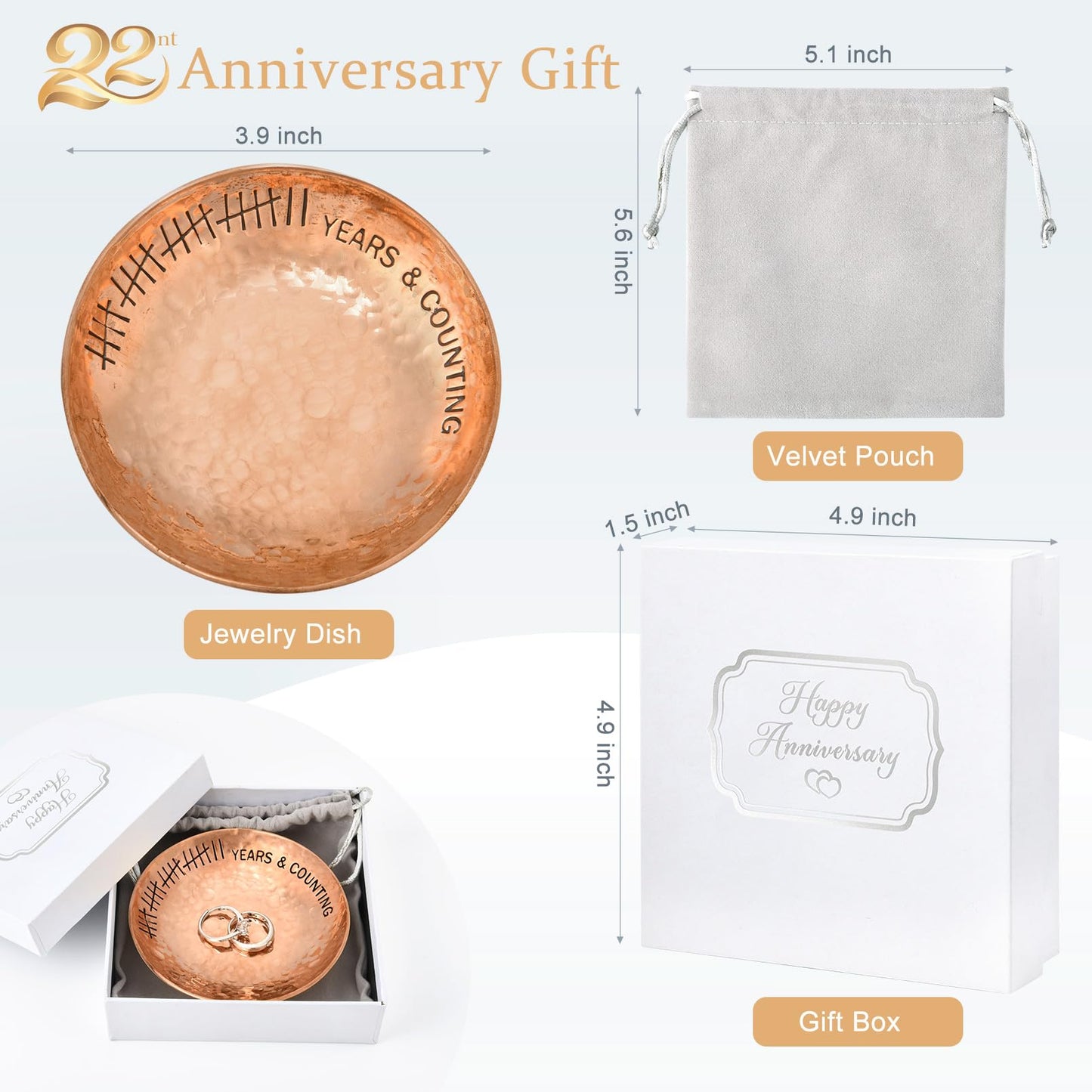 CEELGON 22 Year Wedding Anniversary Copper Gifts 22th Gifts 4" Copper Jewelry Tray Engraved Decorative Dish for Couple Him or Her