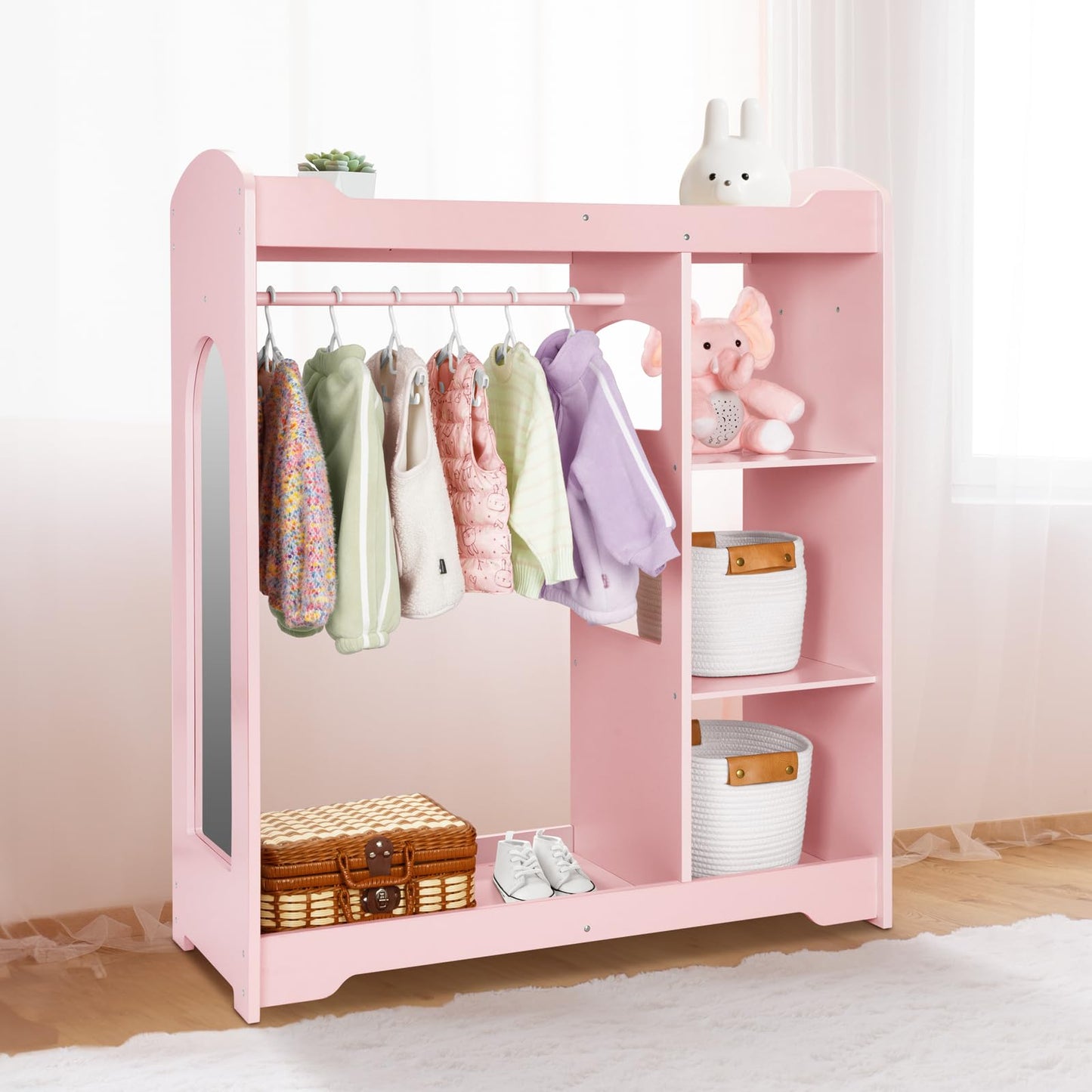 OOOK Kids Clothing Rack and Armoire with Mirror, Appropriate Height Kids Dress up Storage with Anti-tip Device, Helping Children Manage Own Clothes, Nice Dressers for Bedroom, Nursery