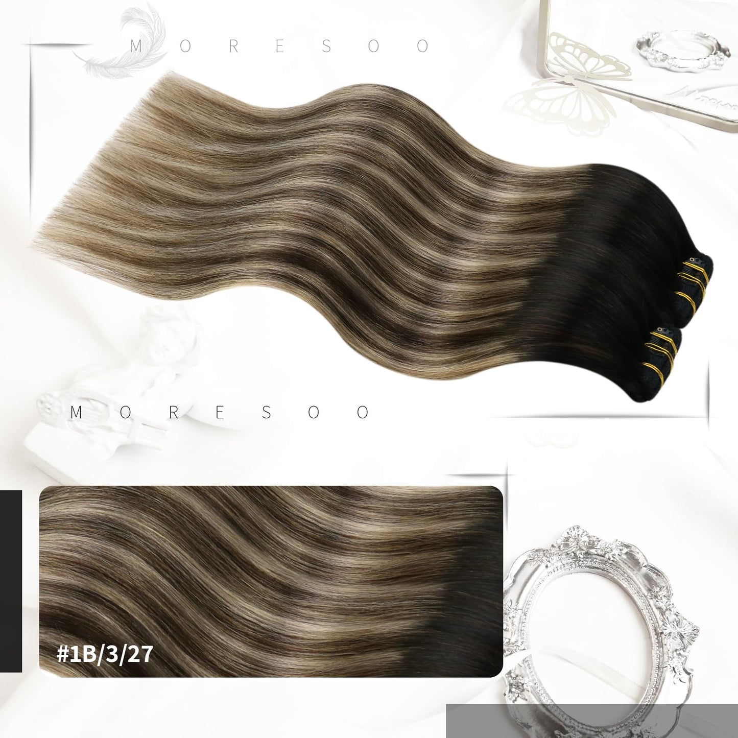 Moresoo Clip in Hair Extensions Real Human Hair Balayage Remy Human Hair Clip in Extensions Ombre Black to Brown with Caramel Bl