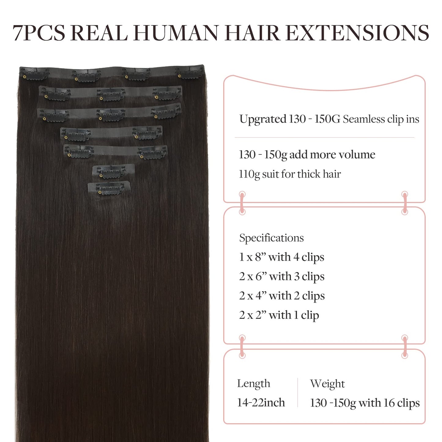 MAXITA Remy Human Hair Seamless Clip in Extensions, 22 Inch 7PCS Dark Brown,15Og Thick Invisible Natural Straight Hair Extension