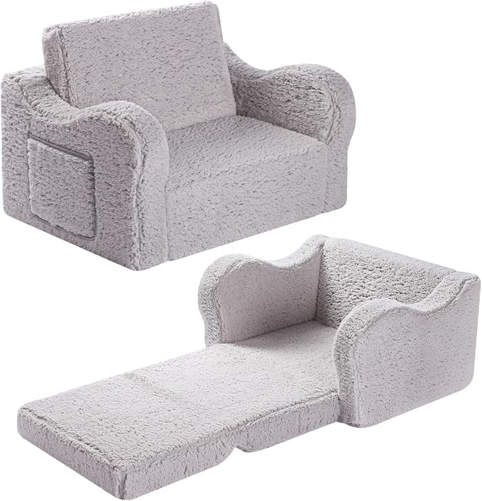 MOMCAYWEX Kids Sofa, 2-in-1 Flip-Out Foam Couch with Soft Sherpa Cover, Cozy Play Lounge Chair, Grey