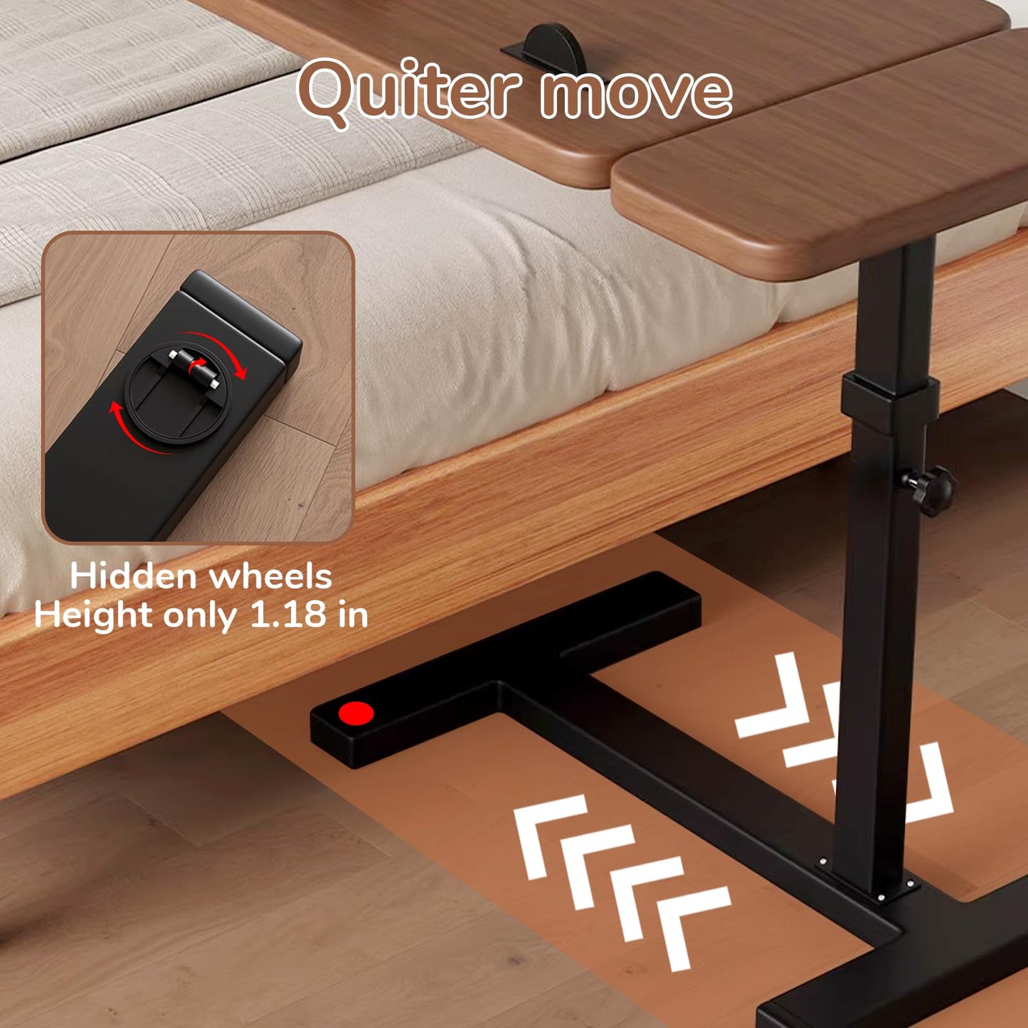 Overbed Bedside Table with Wheels, Right Side Hospital Over Bed Table with Tilt Top, Mobile Standing Desk Adjustable Height, Rolling Laptop Desk for Home Office