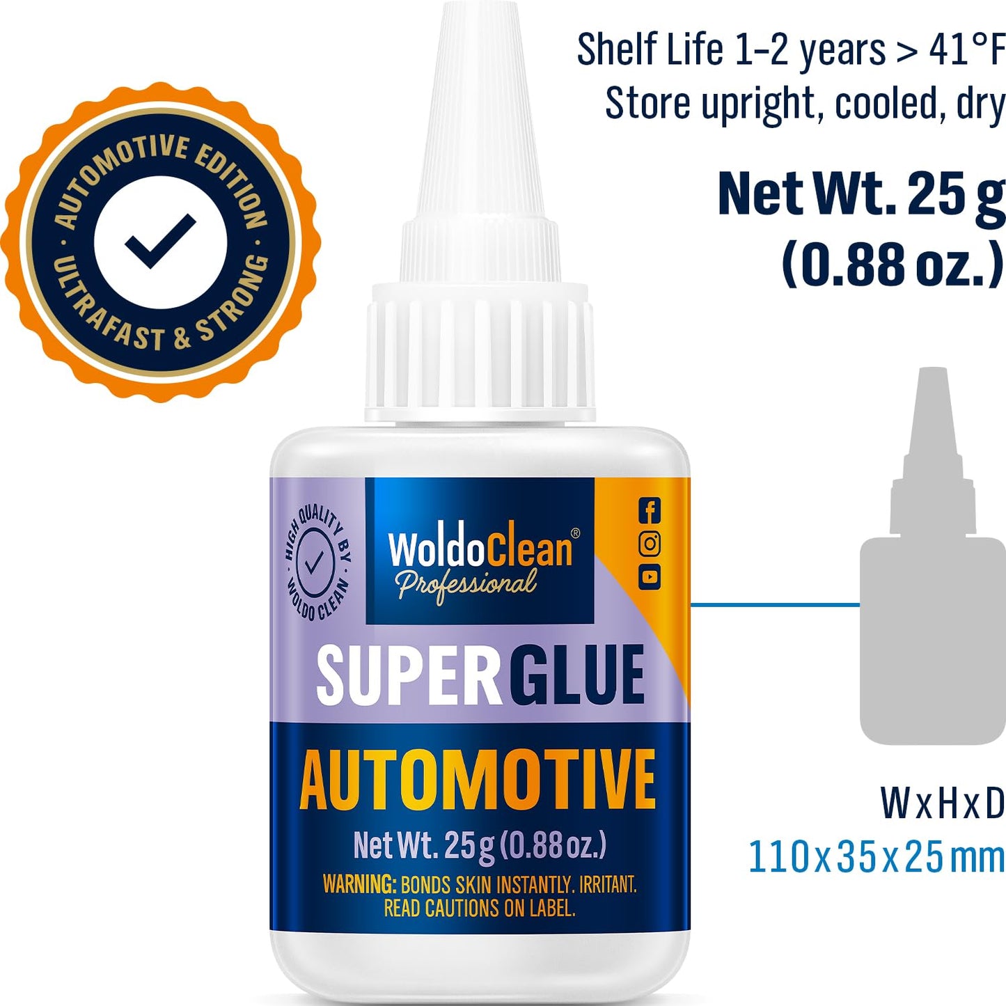 WoldoClean Super Glue for Cars & Vehicles - Extra Strong Automotive Adhesive, Fast-Drying, Heat & Water Resistant, 25g Liquid Formula for Plastic, Metal & Rubber Repairs