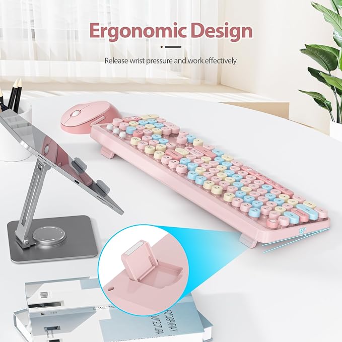 Wireless Keyboard and Mouse Set, Retro Typewriter, 2.4GHz Full Size 104-Key Cute Keyboard with Number Pad, Colorful Keyboard with Round Keycaps for Windows PC Laptop(Strawberry)