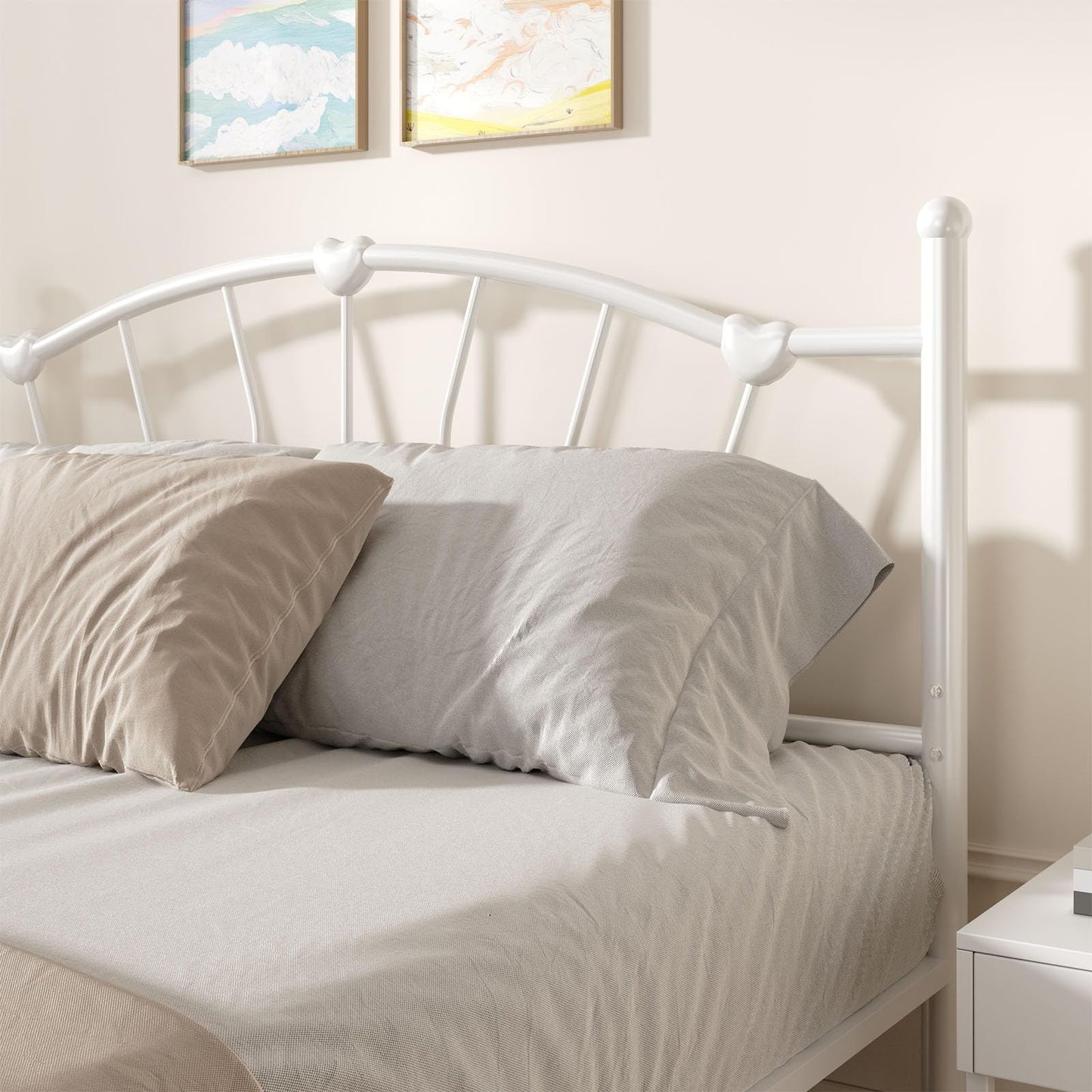Metal Bed Frame Full Size, Full Bed Frame with Headboard, Heart-Shaped Decorative Headboard and Footboard, Heavy Duty Metal Slat Support, No Box Spring Needed, Noise-Free, Easy Assembly, White