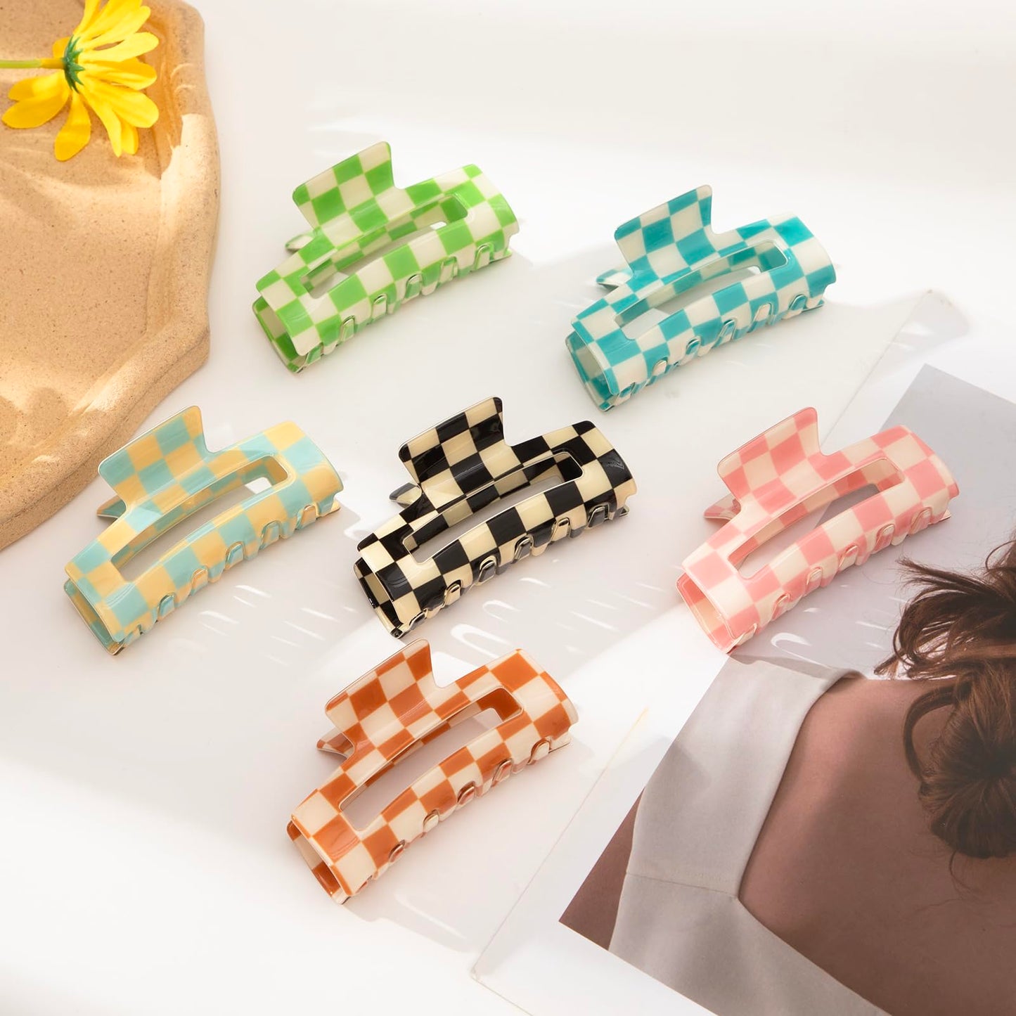 Paderison Checkered Rectangle Y2K Hair Claw Clips and Barrettes- 6 Pcs Large and Small Strong Hold Hair Accessories for Thin & T