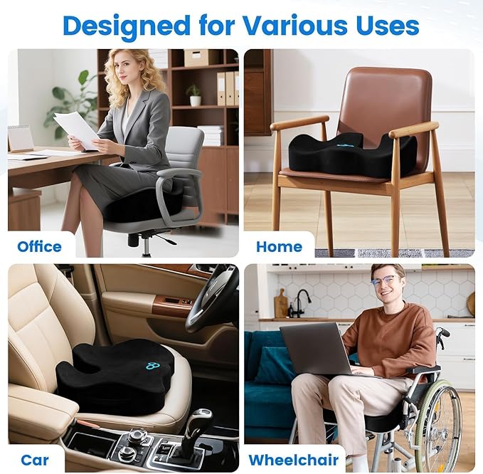 SofterCharm Seat Cushion, Memory Foam Chair Cushions for Tailbone/Sciatica Easing, Chair Pillow with Handles for Car, Office Chair Cushion with Non-Slip Design, Ideal for Post-Surgery Recovery(Black)