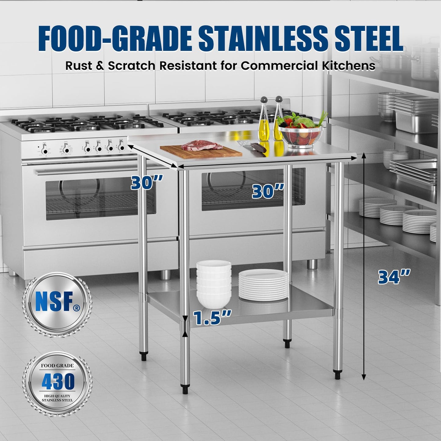 Chingoo Stainless Steel Work Table 30x30 Inch with Adjustable Undershelf & Backsplash, Heavy-Duty Prep Table for Commercial Kitchen, Restaurant, Garage, Outdoor