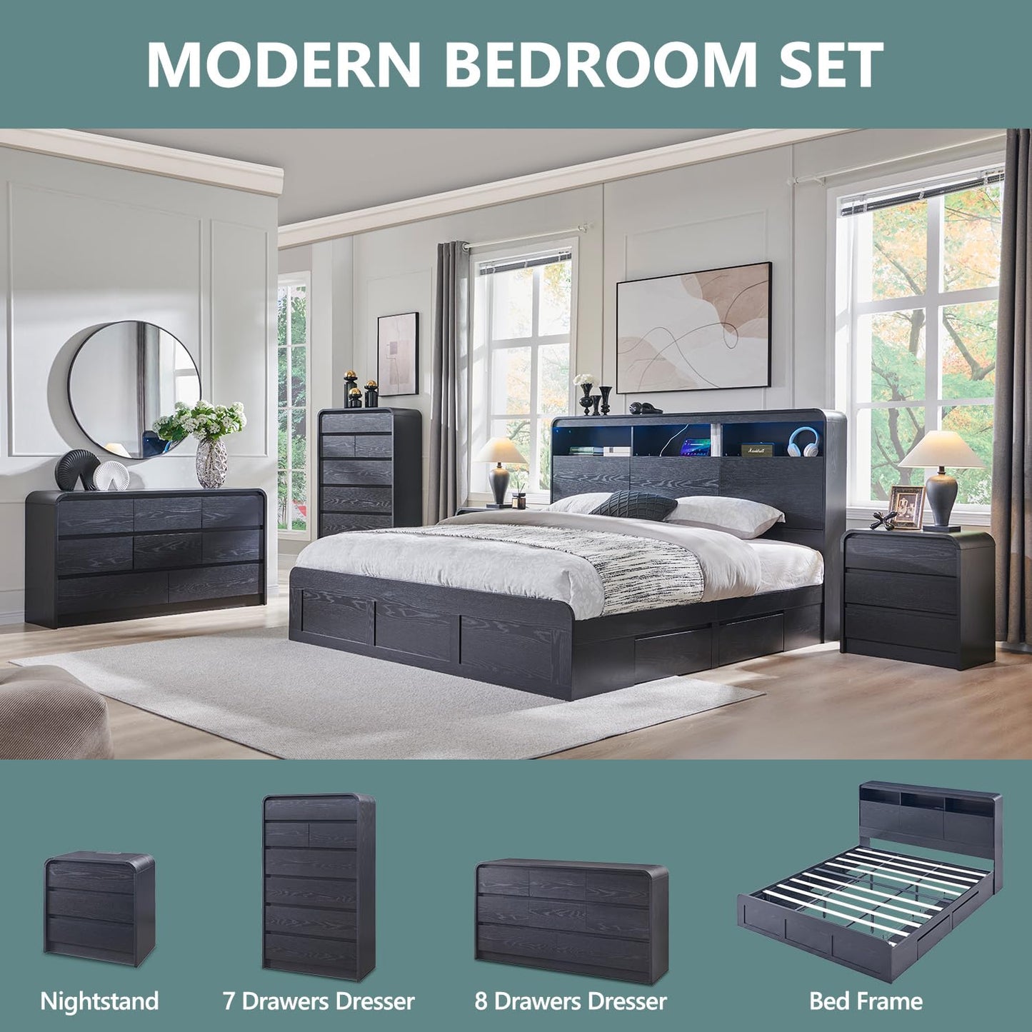 Aitjunz Modern 7 Drawers Dresser for Bedroom, 55" Tall Dressers & Chest of Drawers w/Curved Profile Design, Wood Mid Century Vertical Storage Dressers Organizer for Bedroom, Living Room, Black