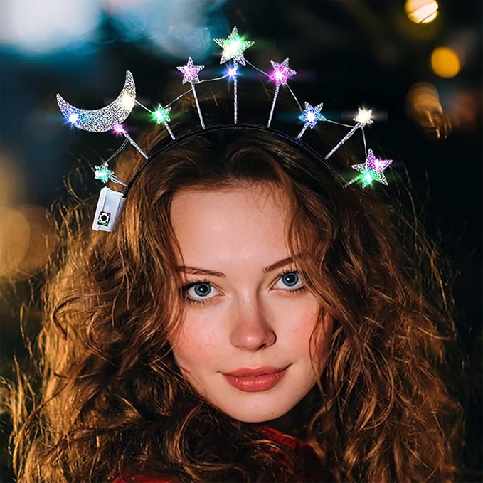 Olbye Light up Moon Star Headband Glitter Halo Headbands Flashing Headpiece Glow in Dark Hairbands Led Festival Hair Acces...