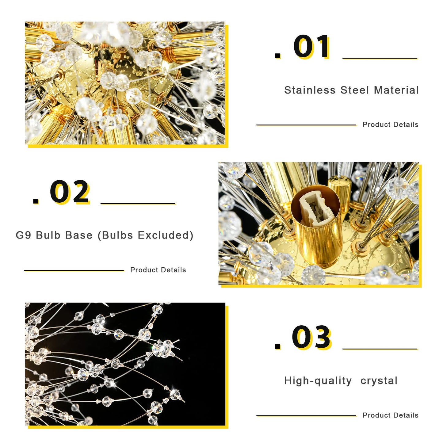 Qamra Modern Crystal Gold Chandeliers, Firework Dandelion Sputnik Chandelier Light Fixture Pendant Lighting for Dining Room, Bedroom, Kitchen, Living Room(12-Light, Gold)