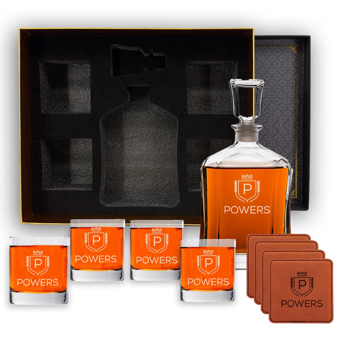 Engraved Liquor Whiskey Decanter Set with Scotch Glasses for Men - 9 Design Options - Personalized Gift Set for Him, Dad - Premium Set Includes Whiskey Stones - Christmas, Valentines - by Froolu