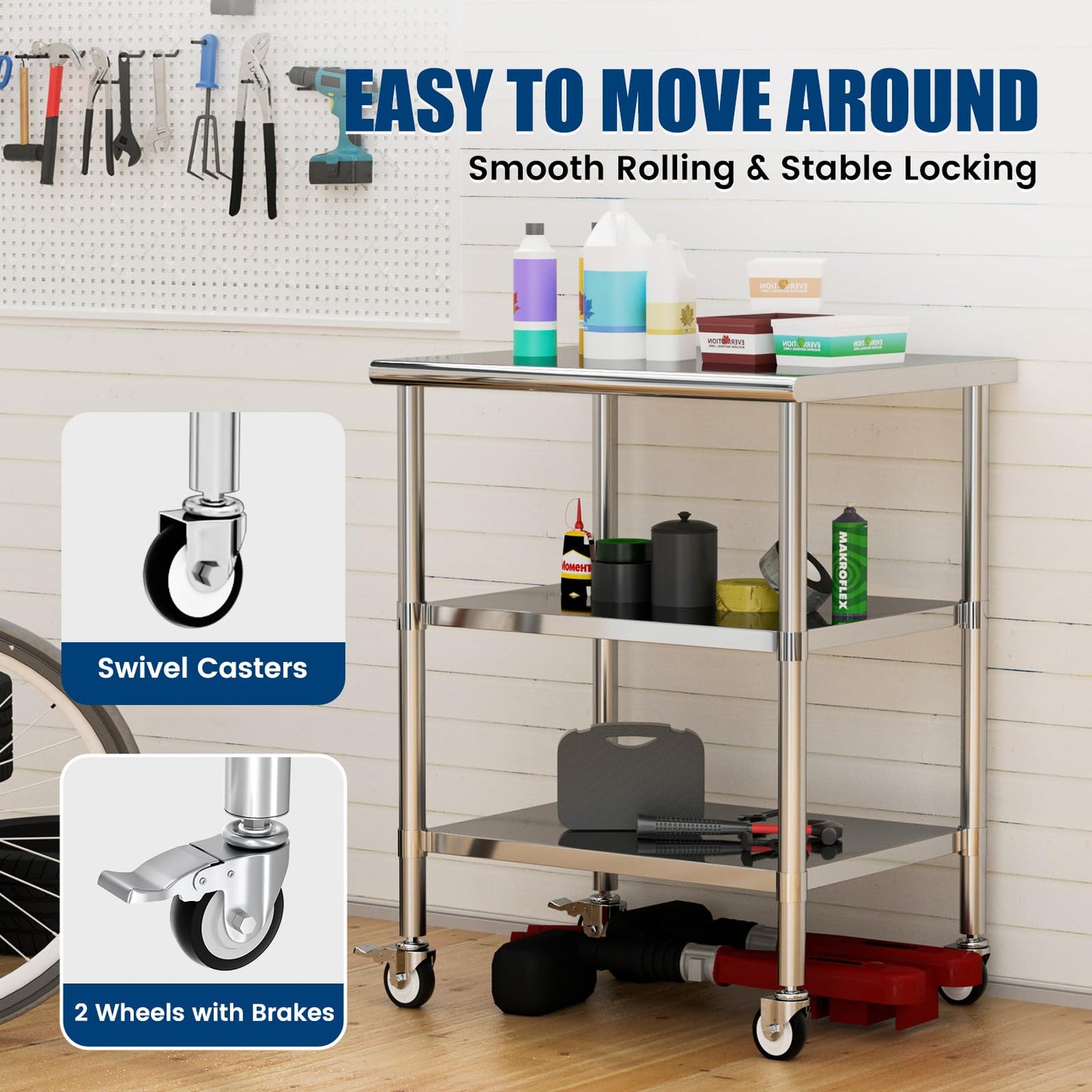 Chingoo Stainless Steel Work Table with Wheels, 24x30 Inch NSF Kitchen Prep Table with 2 Adjustable Undershelves for Commercial Restaurant, Garage, Outdoor BBQ