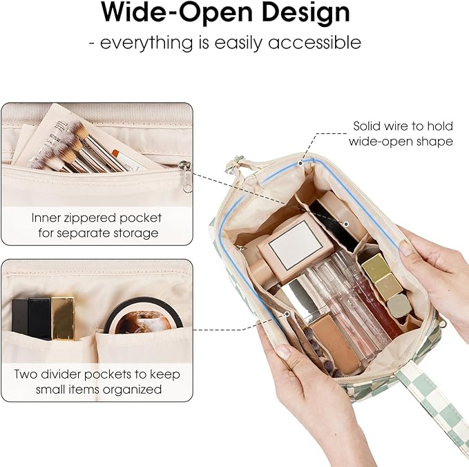 Narwey Checkered Makeup Bag Women Wide-open Make up Bag Travel Cosmetic Bag Organizer Toiletry Bag for Cosmetics Toiletries Accessories (Mint Green Checkerboard)